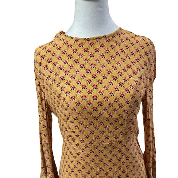 Olivaceous Gold Print Dress Long‎ Sleeve Bell Sleeves Keyhole Back Sz M - Picture 2 of 7